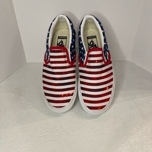 Vans Kids Red, White, and Blue Slip-On Sneakers Size 3.5